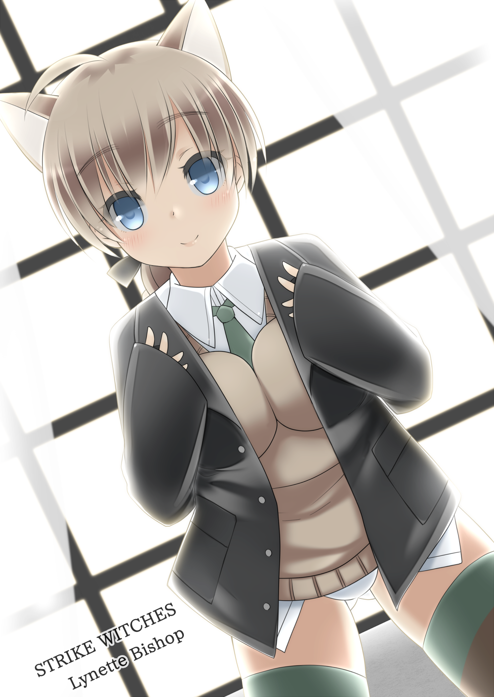 ahoge animal_ears bad_id bad_pixiv_id blue_eyes blush braid brown_hair cat_ears character_name copyright_name curtains dress_shirt dutch_angle eyebrows_visible_through_hair eyes_visible_through_hair green_neckwear hair_ribbon highres jacket long_sleeves lynette_bishop necktie panties ribbon sei000 shirt single_braid sleeves_past_wrists smile solo strike_witches striped striped_legwear sweater thighhighs underwear white_panties window wing_collar world_witches_series