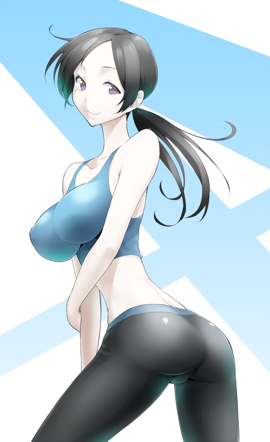 ass back bare_shoulders black_hair breasts crop_top highres impossible_clothes large_breasts long_hair looking_at_viewer looking_back mattari_yufi midriff ponytail purple_eyes shiny shiny_clothes slender_waist smile solo spandex super_smash_bros. tank_top white_skin wii_fit wii_fit_trainer