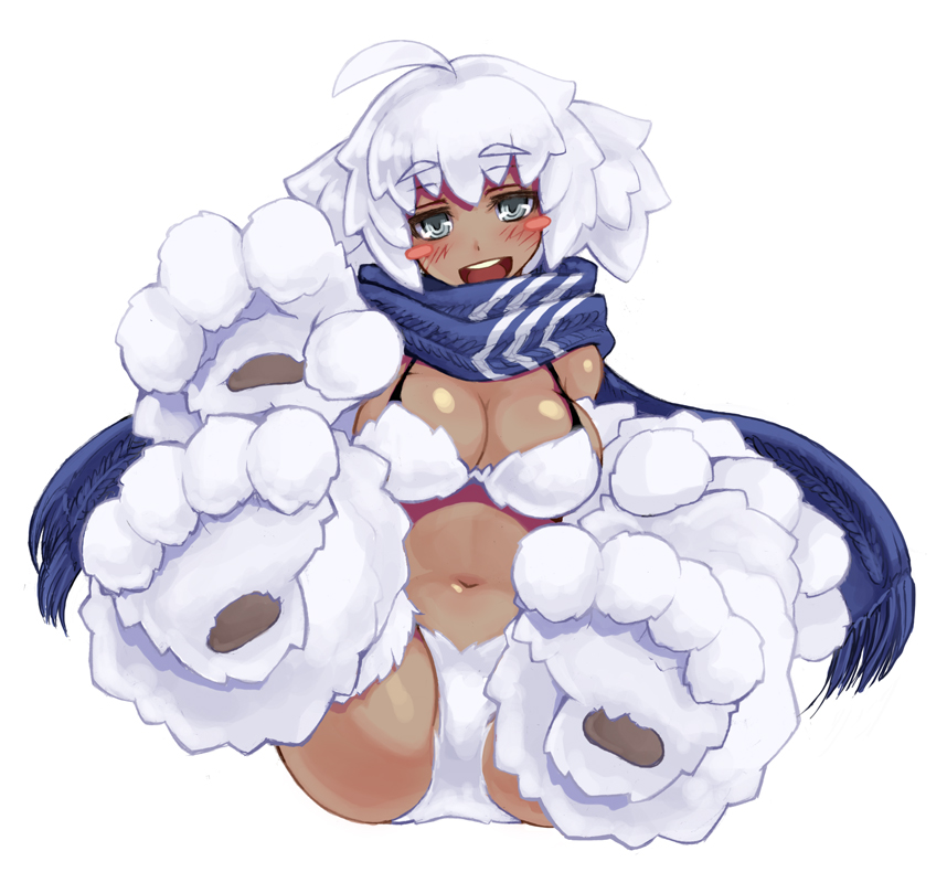 blush breasts cleavage dark_skin full_body fur grey_eyes kenkou_cross large_breasts looking_at_viewer midriff monster_girl monster_girl_encyclopedia navel official_art open_mouth paws scarf short_hair simple_background sitting smile solo swimsuit white_background white_hair yeti_(monster_girl_encyclopedia)