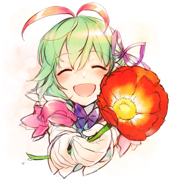 :d ^_^ akiyoshi_haru antennae bad_id blush bow bowtie closed_eyes fingernails flower foreshortening green_hair hair_between_eyes hair_ribbon happy kohaku_(rune_factory) open_mouth ribbon rune_factory rune_factory_4 short_hair short_sleeves smile solo