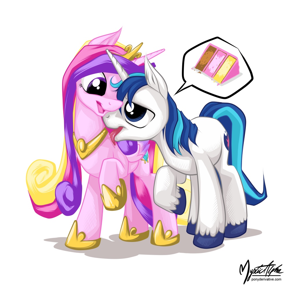 blue_eyes blue_hair cake cutie_mark duo equine female feral fetlocks food friendship_is_magic gold hair hooves horn horse licking male mammal multi-colored_hair my_little_pony mysticalpha necklace plain_background pony princess_cadance_(mlp) purple_eyes shadow shining_armor_(mlp) tongue tongue_out unicorn white_background winged_unicorn wings