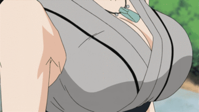 1girl animated animated_gif bare_shoulders bouncing_breasts breasts cleavage collar huge_breasts jewelry lowres naruto necklace ninja solo standing tsunade walking