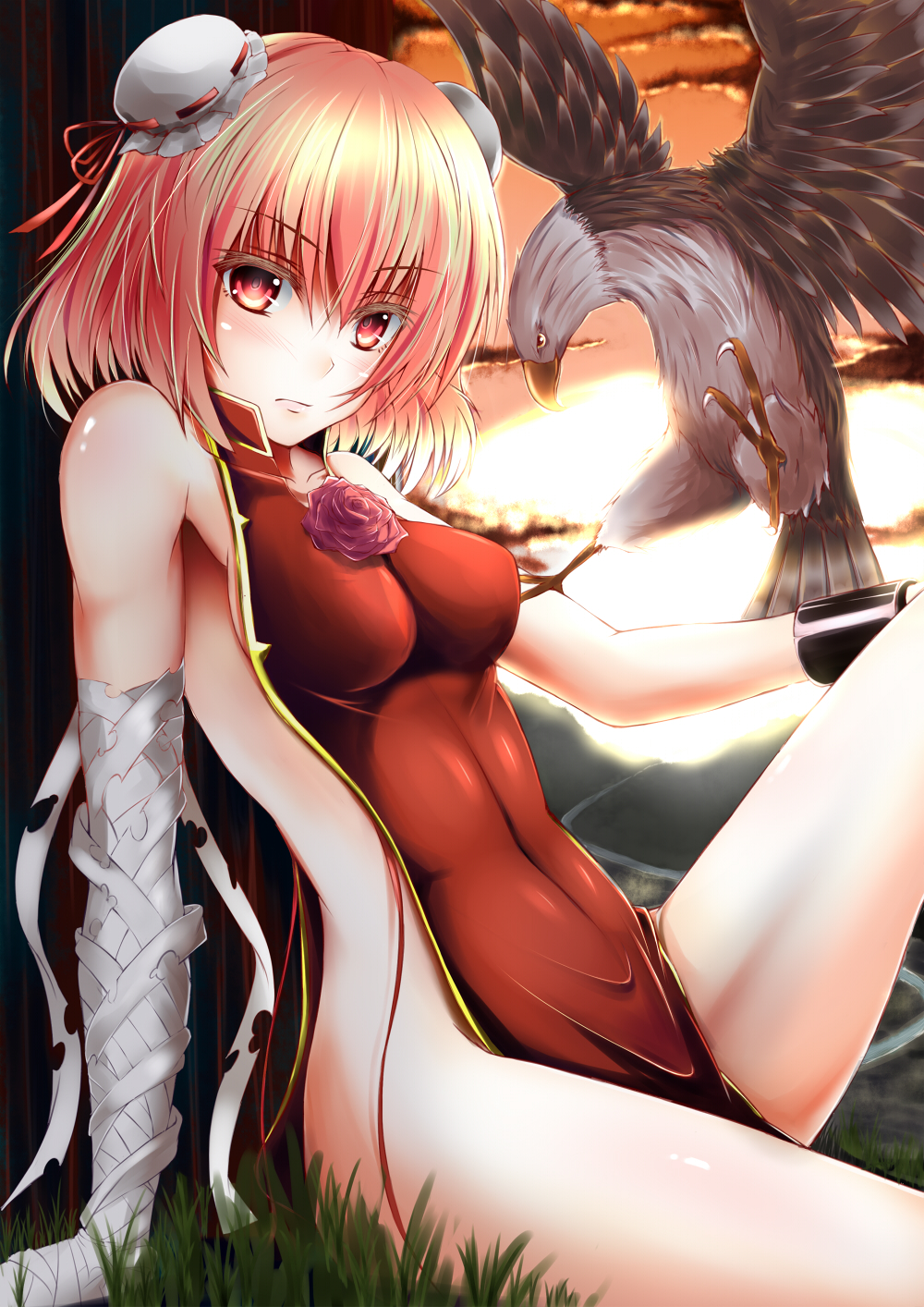 bandages bird bun_cover chain chinese_clothes cloud cuffs double_bun eagle flower grass hazuki_gyokuto highres ibaraki_kasen impossible_clothes naked_tabard pink_hair red_eyes revealing_clothes rose short_hair sitting solo sun tabard touhou wings