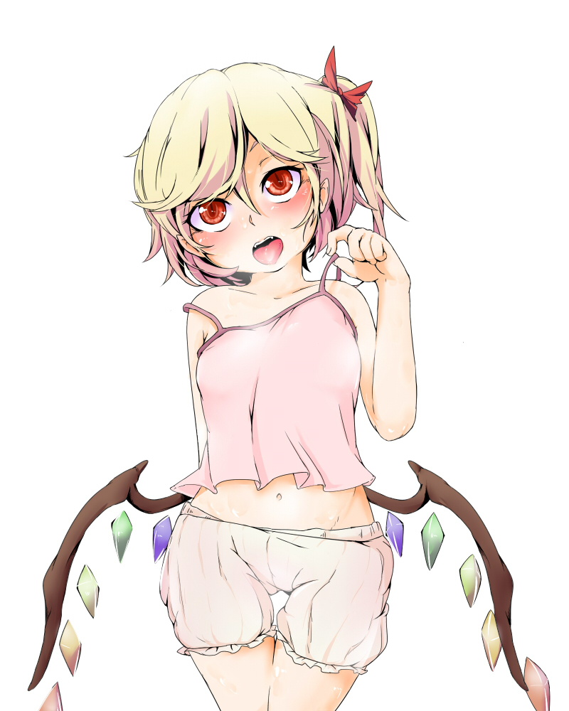 bacho blonde_hair bloomers blush camisole flandre_scarlet hair_ribbon low_wings midriff navel no_hat no_headwear open_mouth red_eyes ribbon short_hair side_ponytail simple_background solo strap_lift thigh_gap tongue tongue_out touhou underwear underwear_only white_background white_bloomers wings