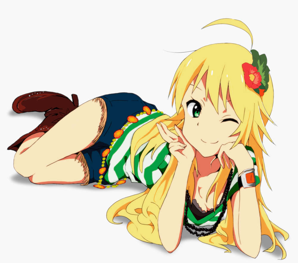 ahoge beads blonde_hair boots breasts cleavage cowboy_boots flower full_body green_eyes hair_ornament hoshii_miki idolmaster idolmaster_(classic) jewelry kaiman long_hair lying medium_breasts necklace one_eye_closed shirt shorts smile solo striped striped_shirt t-shirt very_long_hair white_background