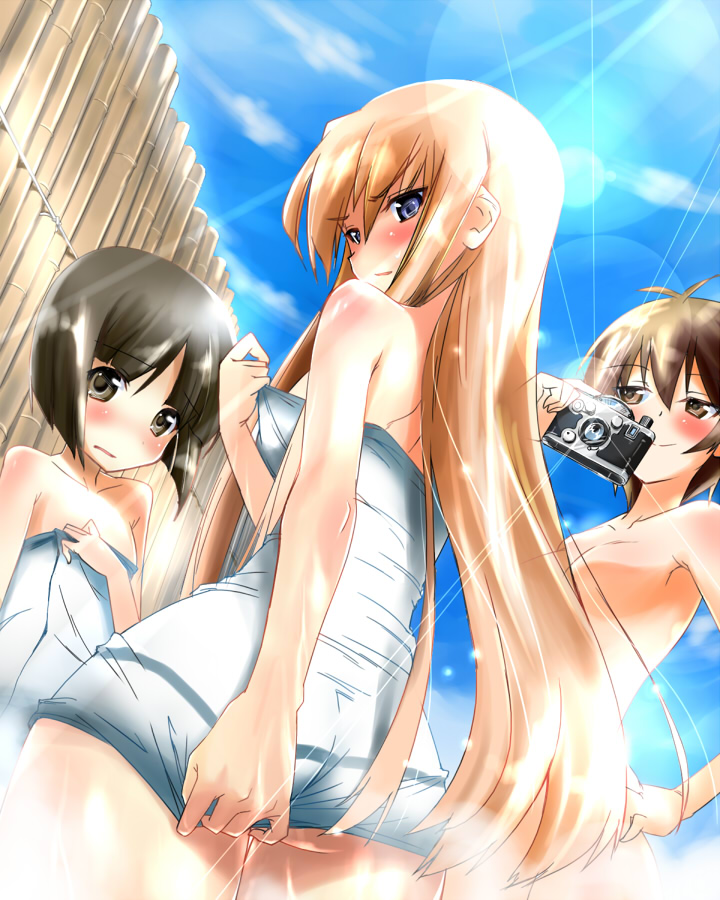 blonde_hair blue_eyes blush brown_eyes brown_hair camera censored convenient_censoring embarrassed from_below hanna-justina_marseille inagaki_mami katou_keiko lens_flare long_hair looking_back multiple_girls towel world_witches_series yuzuyoukan