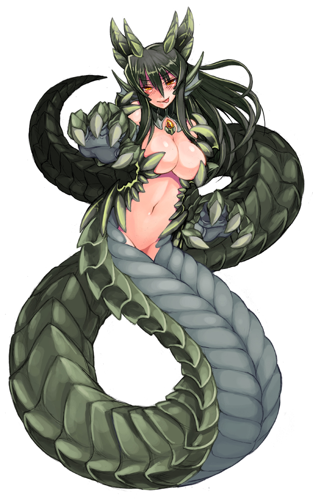 black_hair blush breasts claws cleavage dragon_girl full_body green_hair head_fins horns kenkou_cross lamia large_breasts lizard_tail long_hair looking_at_viewer monster_girl monster_girl_encyclopedia navel official_art outstretched_arm scales simple_background solo tail tongue tongue_out white_background wurm_(monster_girl_encyclopedia) yellow_eyes
