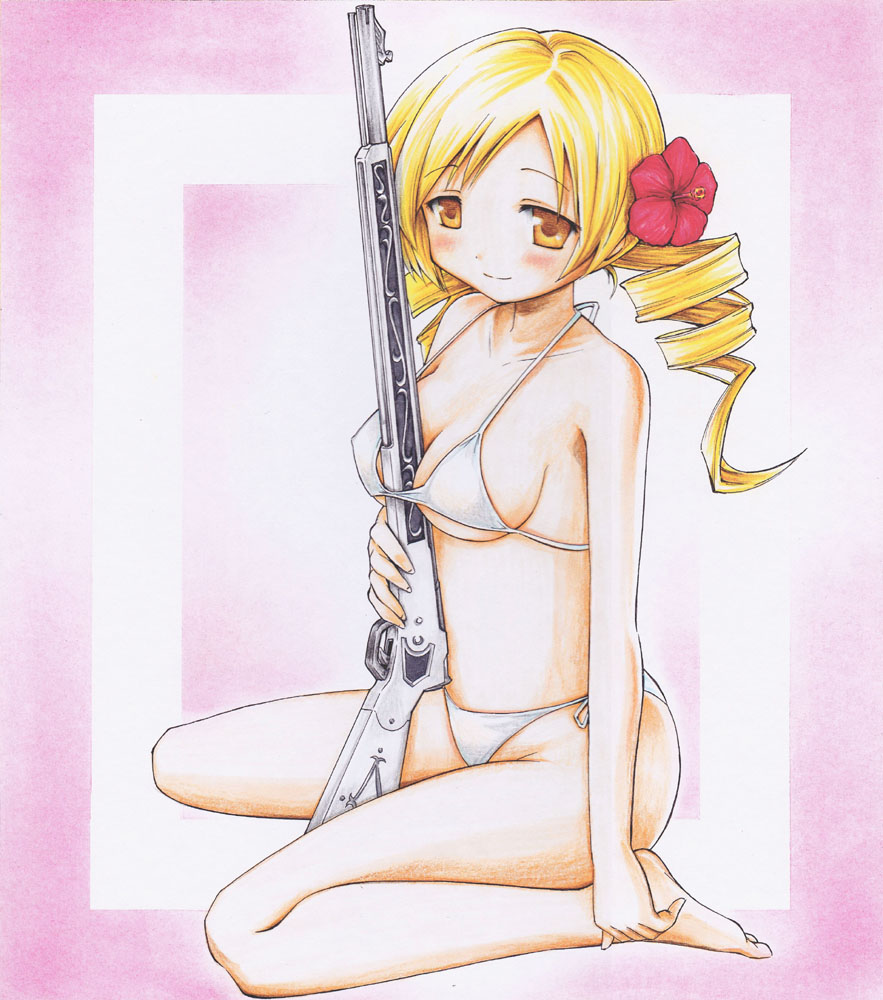 barefoot between_breasts bikini blush breasts drill_hair flower full_body gun hair_flower hair_ornament hibiscus iroha_(nullpo) long_hair looking_at_viewer magical_musket mahou_shoujo_madoka_magica marker_(medium) millipen_(medium) shikishi sitting smile solo swimsuit tomoe_mami traditional_media twin_drills twintails wariza weapon yellow_eyes