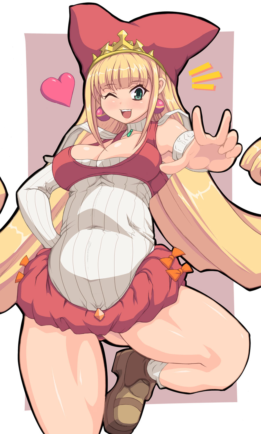 bad_hands bare_legs blonde_hair blush breasts cleavage earrings green_eyes hat heart highres jewelry kihaiu kururu_(little_princess) large_breasts little_princess long_hair marl_kingdom one_eye_closed pink_background shoes shorts smile solo