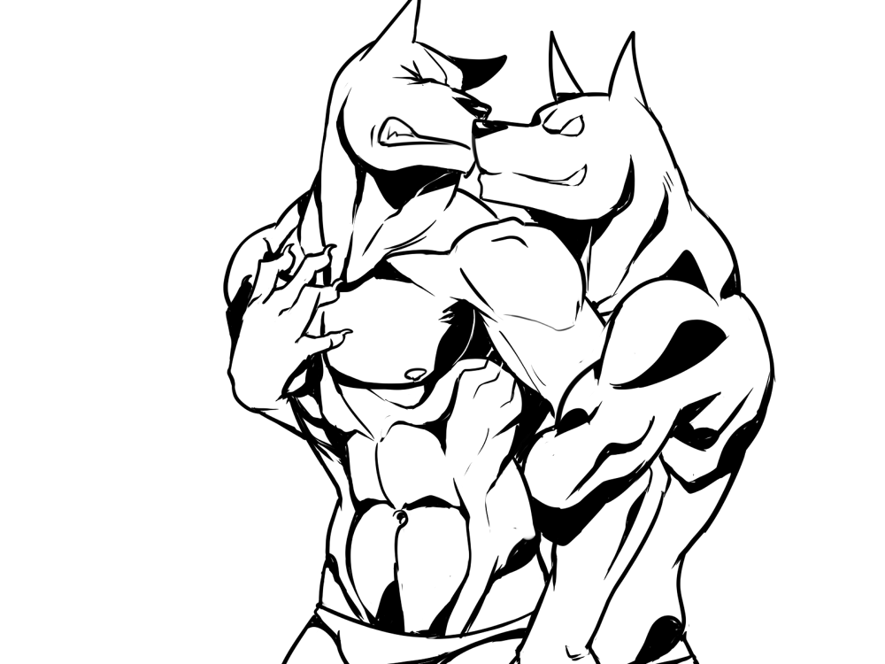 anthro biceps black_and_white canine claws dog duo eyes_closed fur gay grin gripping holding male mammal monochrome muscles nipples pec_grasp pecs pose simon11028 sketch smile speedo standing swimsuit teeth toned topless underwear vein