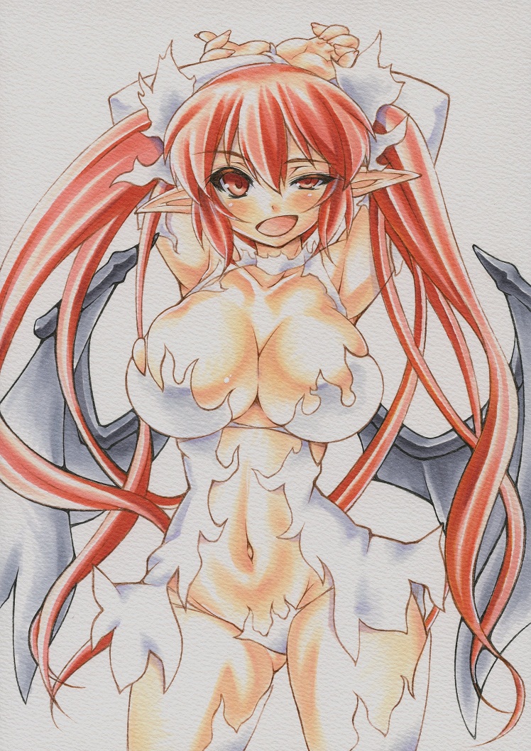 alternate_costume alternate_hairstyle armpits arms_behind_head arms_up bat_wings breasts cleavage collarbone colored_pencil_(medium) curvy dress hair_ribbon head_wings koakuma large_breasts long_hair long_sleeves looking_at_viewer marker_(medium) midriff millipen_(medium) navel open_mouth pointy_ears red_eyes red_hair revealing_clothes ribbon simple_background smile solo thighhighs touhou traditional_media twintails uneven_eyes very_long_hair white_background white_dress white_legwear wings yutakasan-love