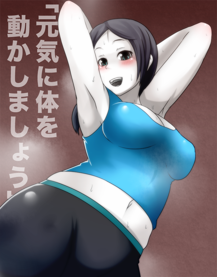 armpits arms_up blush breasts green_eyes grey_hair kyouran_souryuu large_breasts long_hair midriff navel open_mouth ponytail smell solo sweat tank_top translated white_skin wii_fit wii_fit_trainer