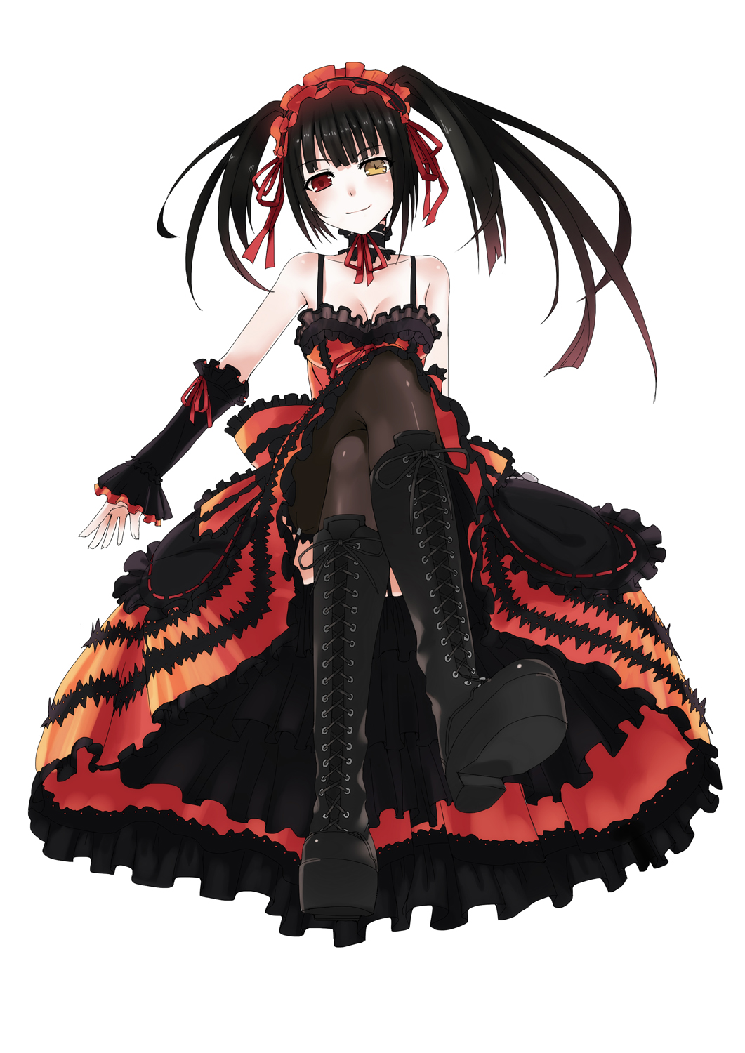 bare_shoulders black_hair blush boots breasts cleavage clock_eyes collarbone crossed_legs date_a_live detached_collar dress full_body garter_belt hairband head_tilt heterochromia highres lolita_fashion lolita_hairband long_hair looking_at_viewer medium_breasts red_eyes ribbon simple_background smile solo symbol-shaped_pupils thighhighs tokisaki_kurumi twintails uneven_twintails white_background yellow_eyes yukiyo_(otca202)