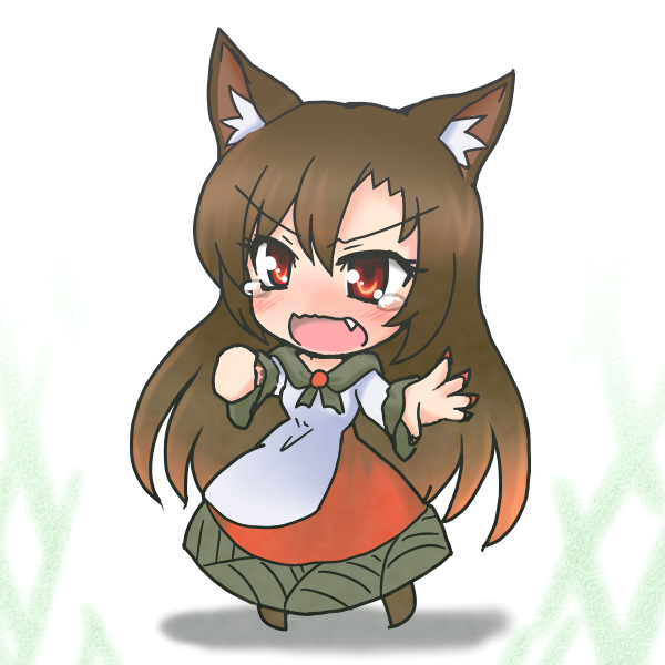 [] animal_ears blush brooch brown_hair chibi dress fang fingernails imaizumi_kagerou jewelry long_hair long_sleeves open_mouth red_eyes solo tears touhou white_background wolf_ears