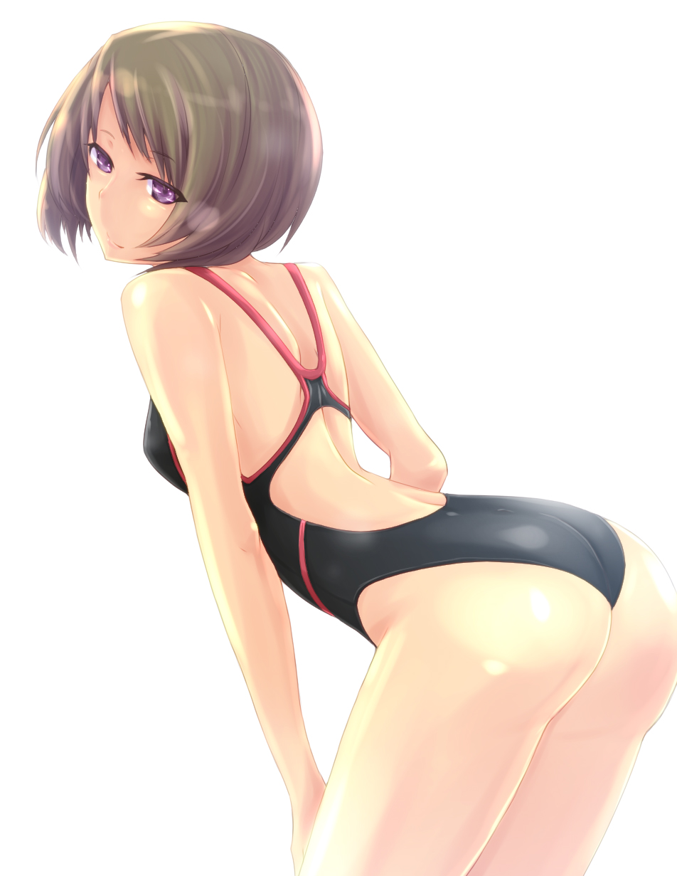 ass backless_outfit bad_id bad_pixiv_id bare_back bare_shoulders bent_over brown_hair competition_swimsuit from_behind highres kichihachi one-piece_swimsuit original purple_eyes short_hair solo swimsuit