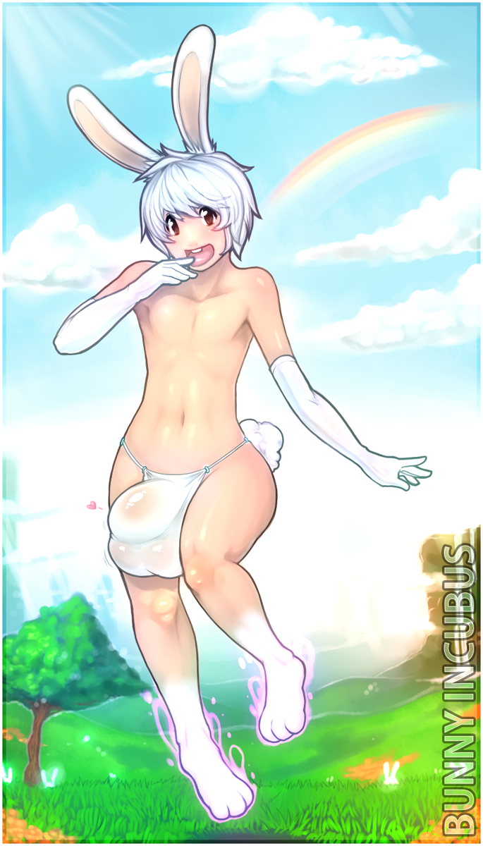 balls buck_tooth bulge bunny_boy bunny_tail cloud clouds girly gloves hair hyper male modeseven nitrotitan not_furry outside penis rabbit_ears rainbow red_eyes sky tree white_hair