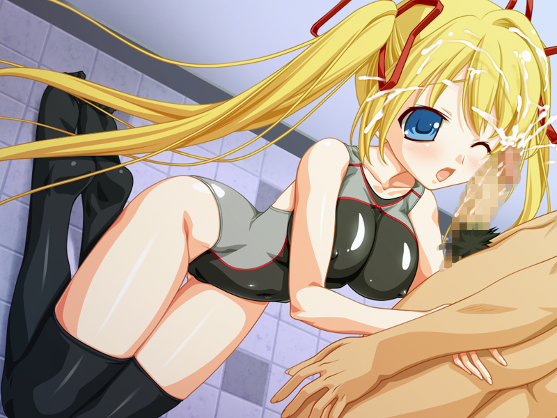 1girl blonde_hair blue_eyes blush breasts cum cum_on_hair cumshot facial game_cg hair_ribbon kneeling large_breasts one-piece_swimsuit pubic_hair ribbon swimsuit thighhighs twintails wink