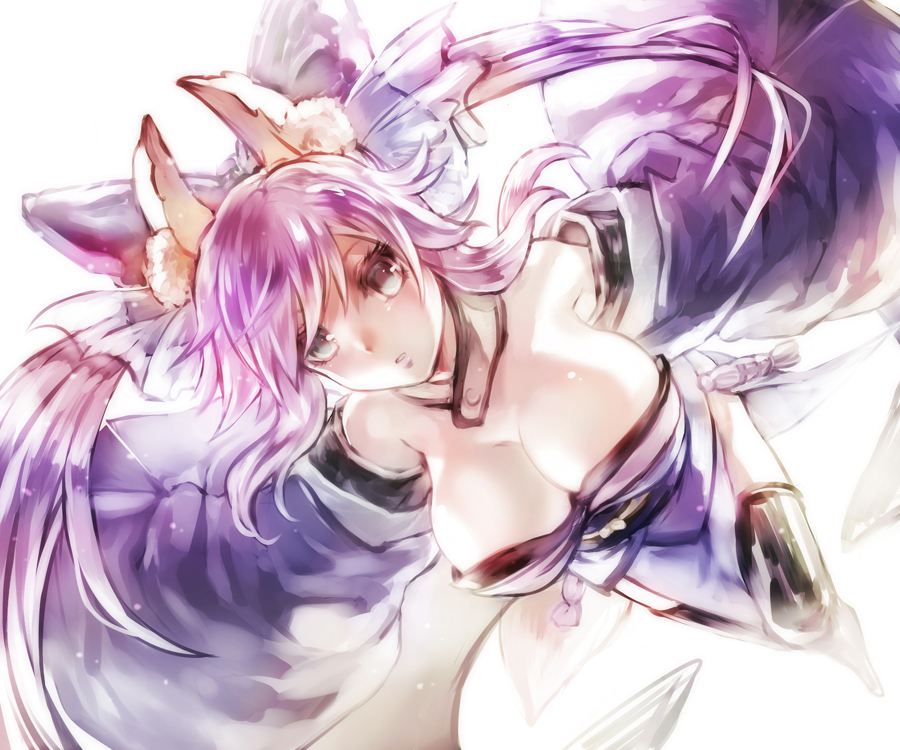 animal_ears bare_shoulders black_eyes breasts cleavage deba detached_sleeves fate/extra fate_(series) fox_ears fox_tail hair_ribbon japanese_clothes large_breasts pink_hair ribbon solo tail tamamo_(fate)_(all) tamamo_no_mae_(fate) thighhighs twintails