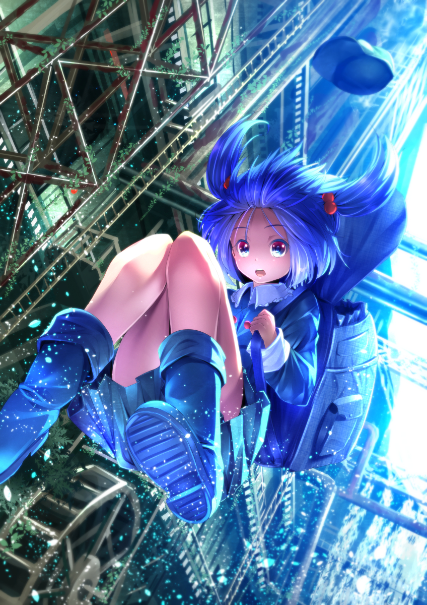 backpack bag blue_eyes blue_hair blush boots hair_bobbles hair_ornament hat hat_removed headwear_removed highres kawashiro_nitori ladder open_mouth ryosios short_hair skirt skirt_set smile solo touhou two_side_up watermill