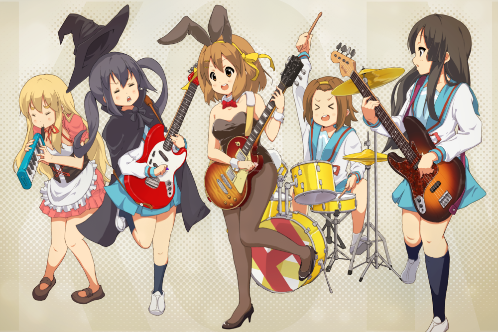 akiyama_mio animal_ears asahina_mikuru asahina_mikuru_(cosplay) bunny_ears bunnysuit cape company_connection cosplay drum drum_set fender fender_mustang gibson guitar hat hirasawa_yui instrument jazz_bass k-on! keyboard_(instrument) kita_high_school_uniform kotobuki_tsumugi kyoto_animation les_paul melodica multiple_girls nagato_yuki nagato_yuki_(cosplay) nakano_azusa nkopoyo pantyhose school_uniform serafuku skirt suzumiya_haruhi suzumiya_haruhi_(cosplay) suzumiya_haruhi_no_yuuutsu tainaka_ritsu witch_hat