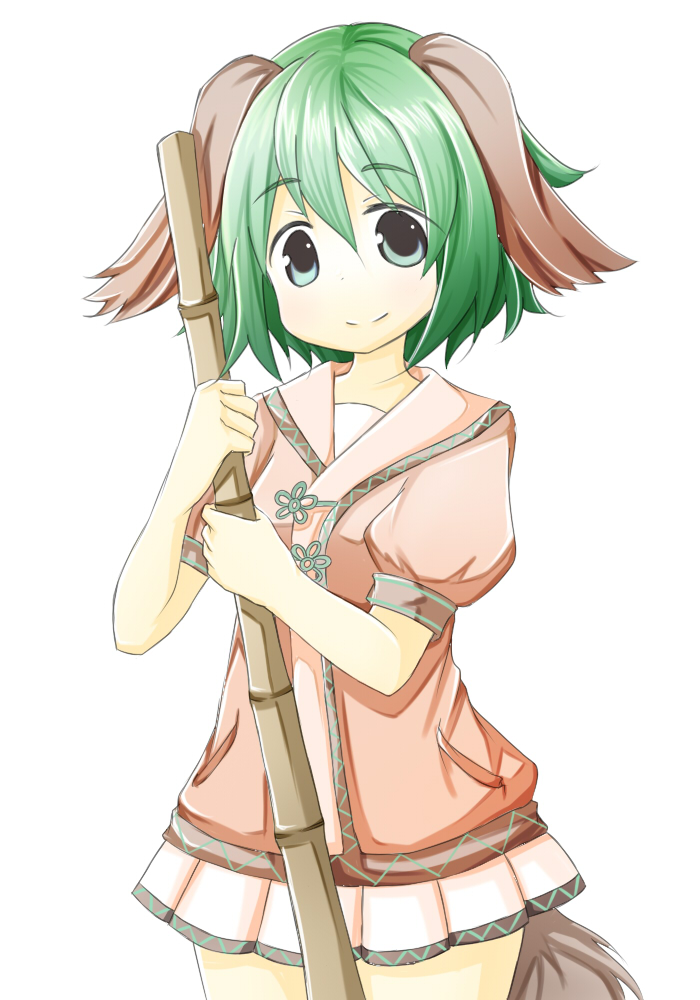 animal_ears bad_id bad_pixiv_id bamboo_broom broom dress ellipsis_(mitei) green_eyes green_hair kasodani_kyouko layered_dress looking_at_viewer pleated_skirt puffy_short_sleeves puffy_sleeves short_hair short_sleeves simple_background skirt smile solo tail touhou white_background