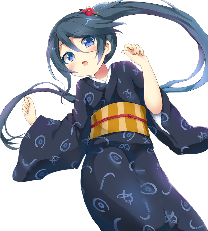 1girl :o black_hair blue_eyes hataraku_maou-sama! japanese_clothes kamazuki_suzuno kimono open_mouth side_ponytail solo