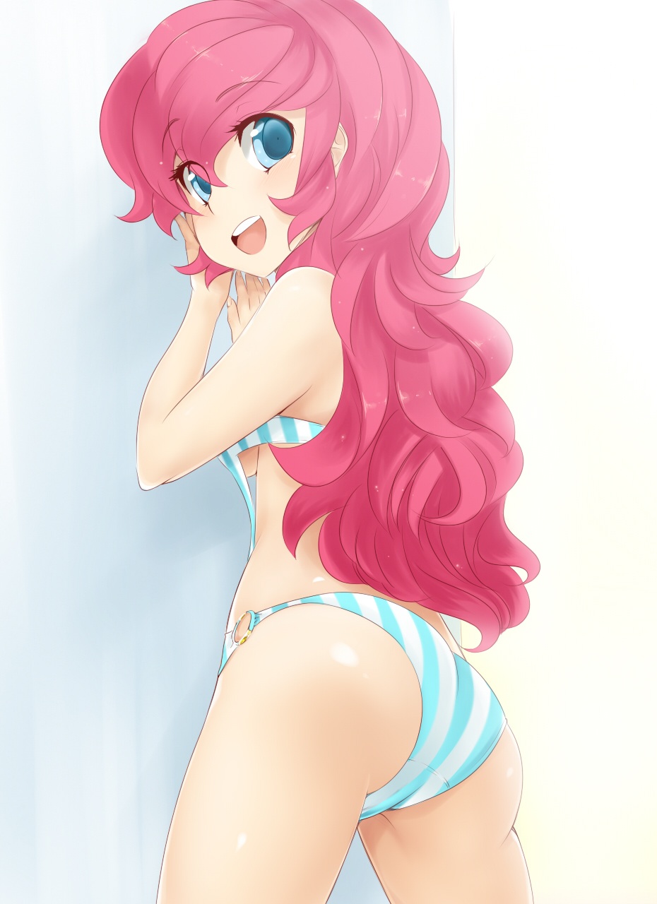 ass bad_deviantart_id bad_id blue_eyes blush bra breasts curly_hair ears eyes_visible_through_hair fingers highres long_hair looking_at_viewer medium_breasts my_little_pony my_little_pony_friendship_is_magic panties personification pink_hair pinkie_pie rabioque solo striped striped_bra striped_panties underwear underwear_only wall
