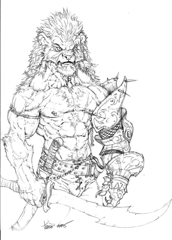 abs armband armor belt biceps chest_tuft clothing fantasy feline lion male mane muscles navel pants pecs pencil scar scimitar sketch solo sword unknown_artist warrior weapon