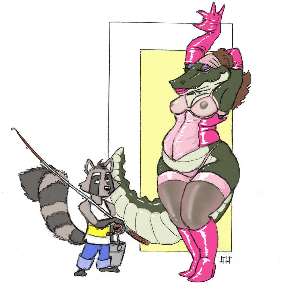 alexis alligator boots bucket chubby corset day_off elbow_gloves female fishing_rod gloves high_heels invalid_color invalid_tag male mammal raccoon reptile rubber_gloves scalie size_difference translucent transparent_clothing wide_hips zach