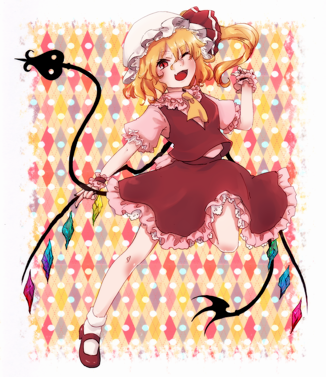 ;d blonde_hair flandre_scarlet hat laevatein long_hair mary_janes one_eye_closed open_mouth shoes side_ponytail skirt skirt_set smile solo touhou urita_(vivivinicol) wings wrist_cuffs