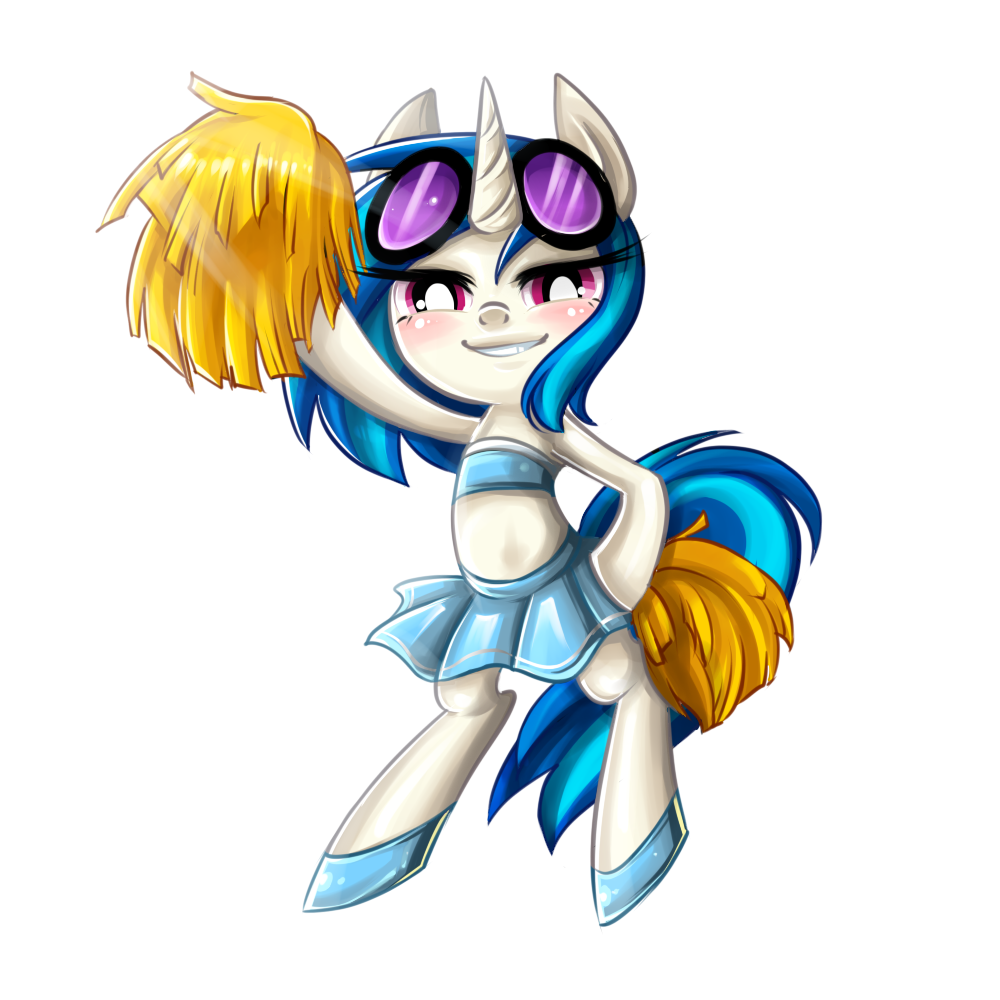 blue_hair blush cheerleader clothing equine eyewear female feral friendship_is_magic glasses hair horn horse long_hair looking_at_viewer mammal my_little_pony open_mouth plain_background pom_pams pom_poms pony purple_eyes skirt smile solo sunglasses teeth two_tone_hair unicorn vinyl_scratch_(mlp) white_background