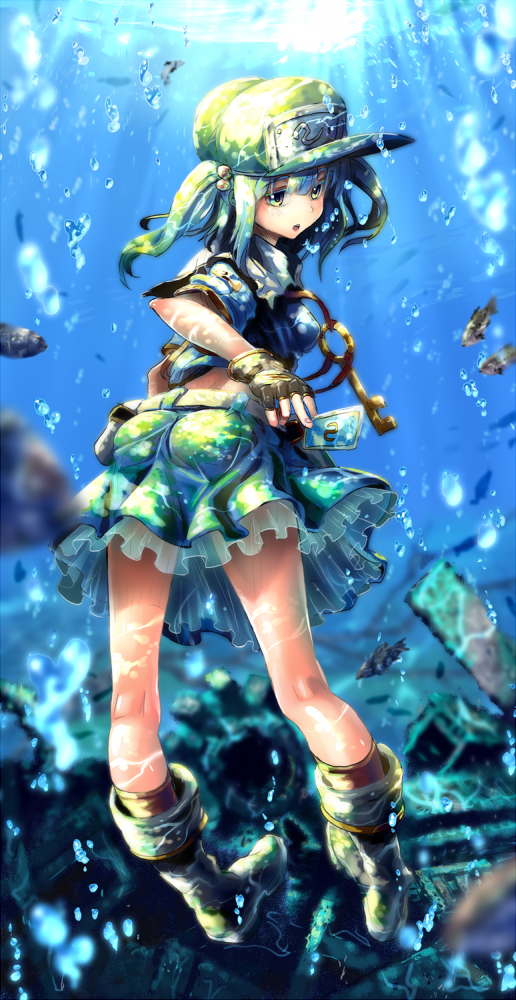 blue_hair boots fingerless_gloves from_behind gloves green_eyes hair_bobbles hair_ornament hat kabutoyama kawashiro_nitori key kneepits looking_back short_hair skirt solo touhou two_side_up underwater