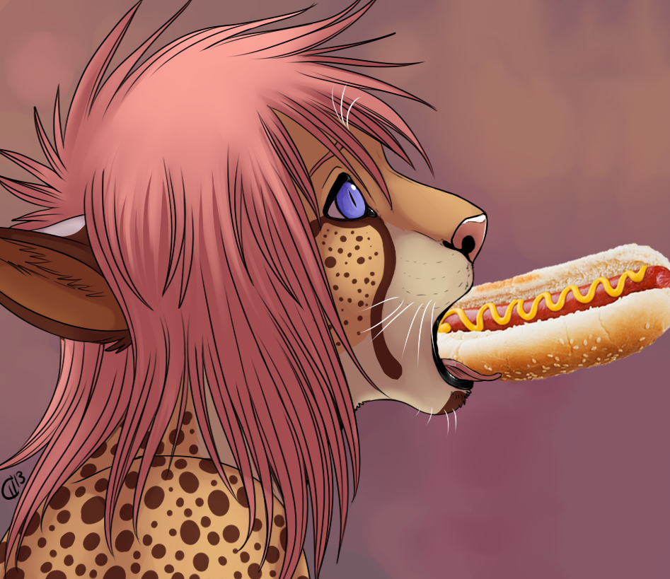 abstract_background cheetah eating feline food girly hair hot_dog humor long_hair male mammal markings open_mouth pineappleshark pink_hair plain_background purple_eyes solo spots suggestive suggestive_food tongue whiskers