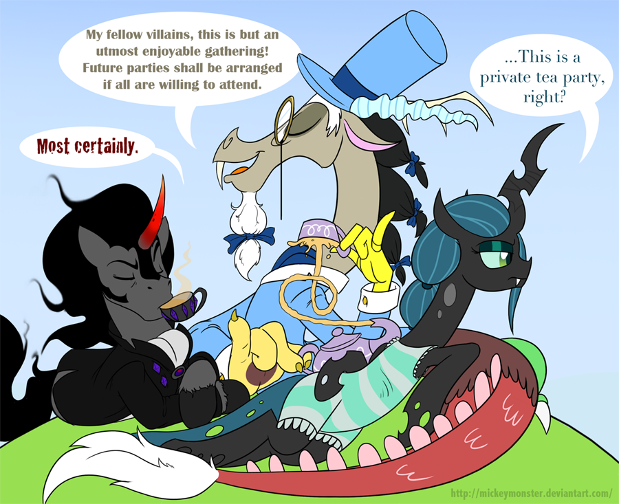cat_eyes changeling clothing cup discord_(mlp) draconequus english_text equine eyes_closed eyewear fangs female feral friendship_is_magic green_eyes green_hair group hair horn horse king_sombra_(mlp) male mammal mickeymonster monocle my_little_pony outside pony queen_chrysalis_(mlp) sitting sky slit_pupils tea tea_pot text unicorn