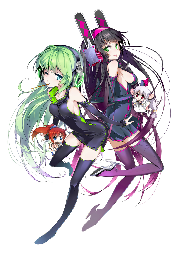 bare_shoulders black_dress black_gloves black_hair black_legwear blue_eyes boots breasts chibi detached_sleeves dress elbow_gloves food gloves green_eyes green_hair headgear headphones headphones_around_neck high_heels hong_(white_spider) long_hair medium_breasts mouth_hold multiple_girls one_eye_closed original pocky shoes short_dress sideboob simple_background smile thigh_boots thighhighs very_long_hair white_background