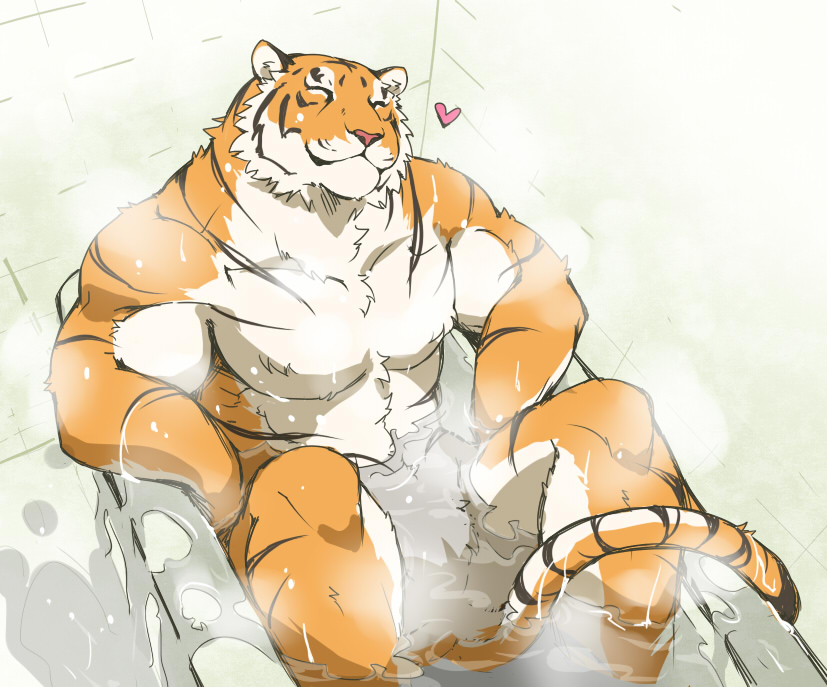 abs anthro bath bathtub biceps big_muscles feline fur giraffe_(artist) hair male mammal muscles nude solo tiger water