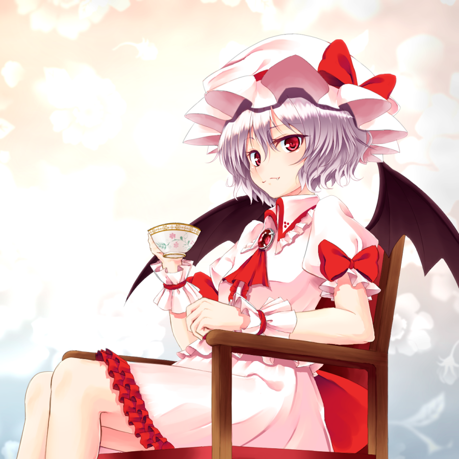 ascot bow brooch chair cup dress fang hat jewelry junior27016 looking_at_viewer red_eyes remilia_scarlet short_hair silver_hair sitting solo teacup touhou wrist_cuffs