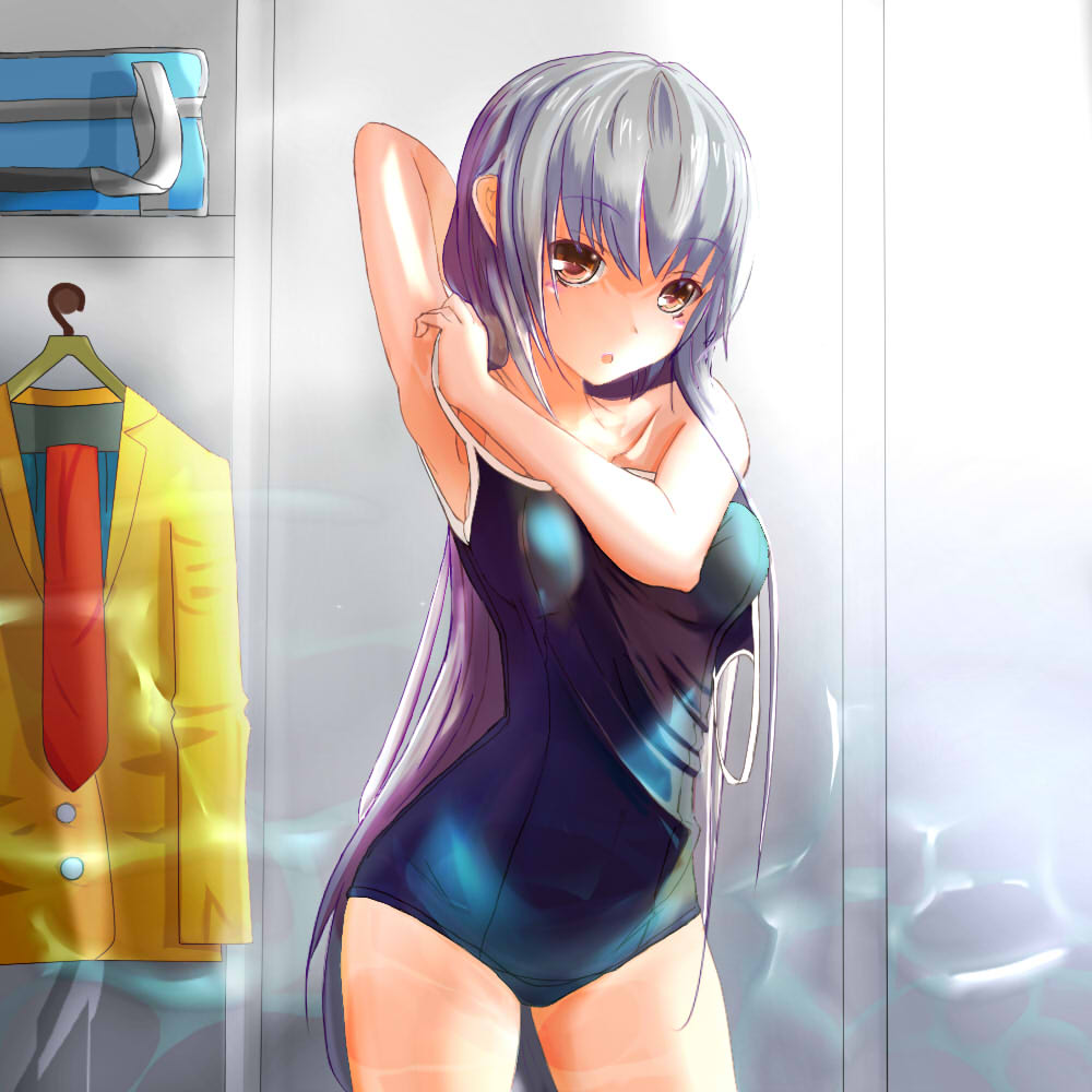 brown_eyes dabuman dressing long_hair one-piece_swimsuit original school_swimsuit silver_hair solo swimsuit