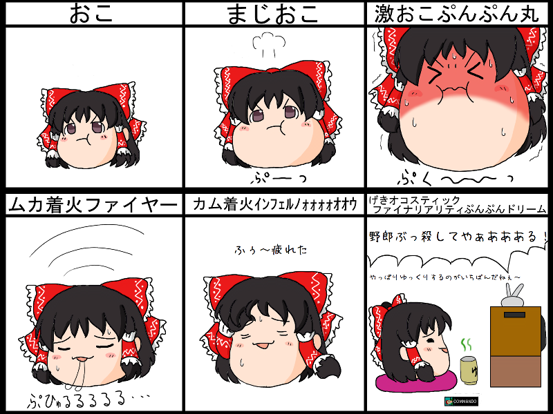 &gt;:( &gt;_&lt; :i :t =_= angry black_hair bow breath chart closed_eyes cup expressions frown hair_bow hair_tubes hakurei_reimu mocchiri_(enoki5150) no_humans open_mouth pout smile sweat teacup television touhou translated v-shaped_eyebrows yukkuri_shiteitte_ne