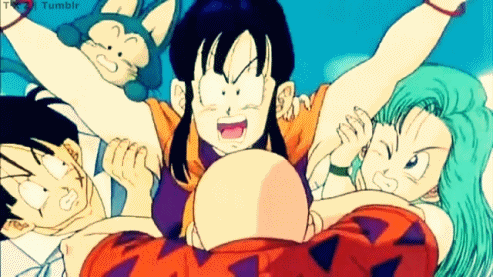 2boys 2girls age_difference angry animated animated_gif armpits arms_up bald beard black_hair bracelet breasts bulma chi-chi_(dragon_ball) chichi clenched_teeth cloud creature dragon_ball dragonball_z facial_hair green_hair jewelry long_hair lowres multiple_boys multiple_girls muten_roushi old_man open_mouth pual puar scar short_hair sky standing sunglasses talking teeth yamcha