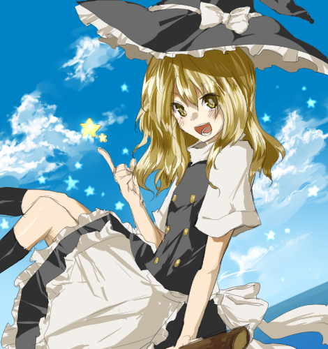 :d bad_id bad_pixiv_id blonde_hair broom broom_riding cloud day hat kame kirisame_marisa lowres open_mouth sky smile solo star touhou witch_hat yellow_eyes