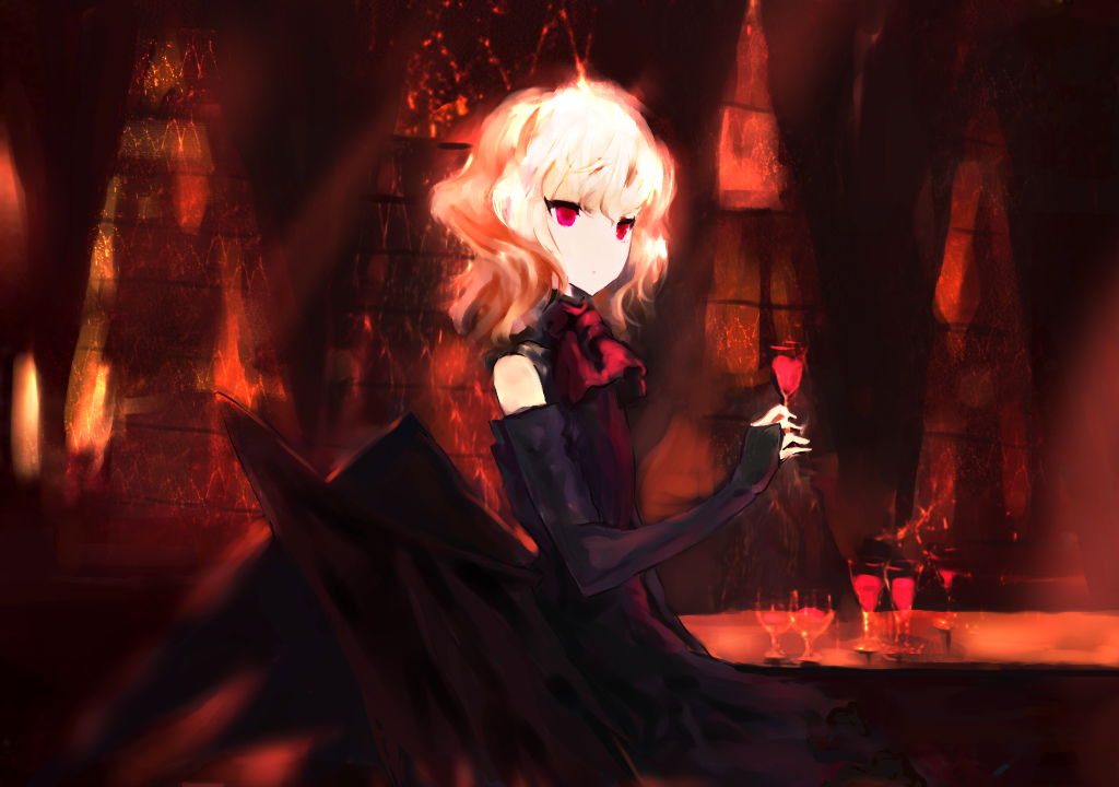 akn alcohol alternate_color alternate_costume alternate_hair_color ascot bad_id bad_pixiv_id black_dress blonde_hair blood bridal_gauntlets cup dress drinking_glass glass pink_eyes red red_eyes remilia_scarlet solo touhou wine wine_glass wings