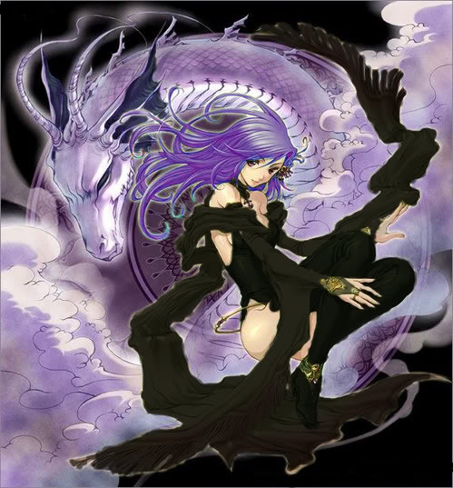 black_dress dragon dress fantasy long_hair purple_hair thigh-highs thighhighs