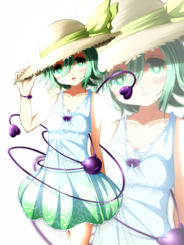 7ban alternate_costume dress floral_print green_eyes green_hair hand_on_headwear hat hat_ribbon heart heart-shaped_pupils komeiji_koishi looking_at_viewer open_mouth ribbon sleeveless sleeveless_dress smile solo straw_hat sundress symbol-shaped_pupils third_eye touhou white_dress wrist_ribbon zoom_layer