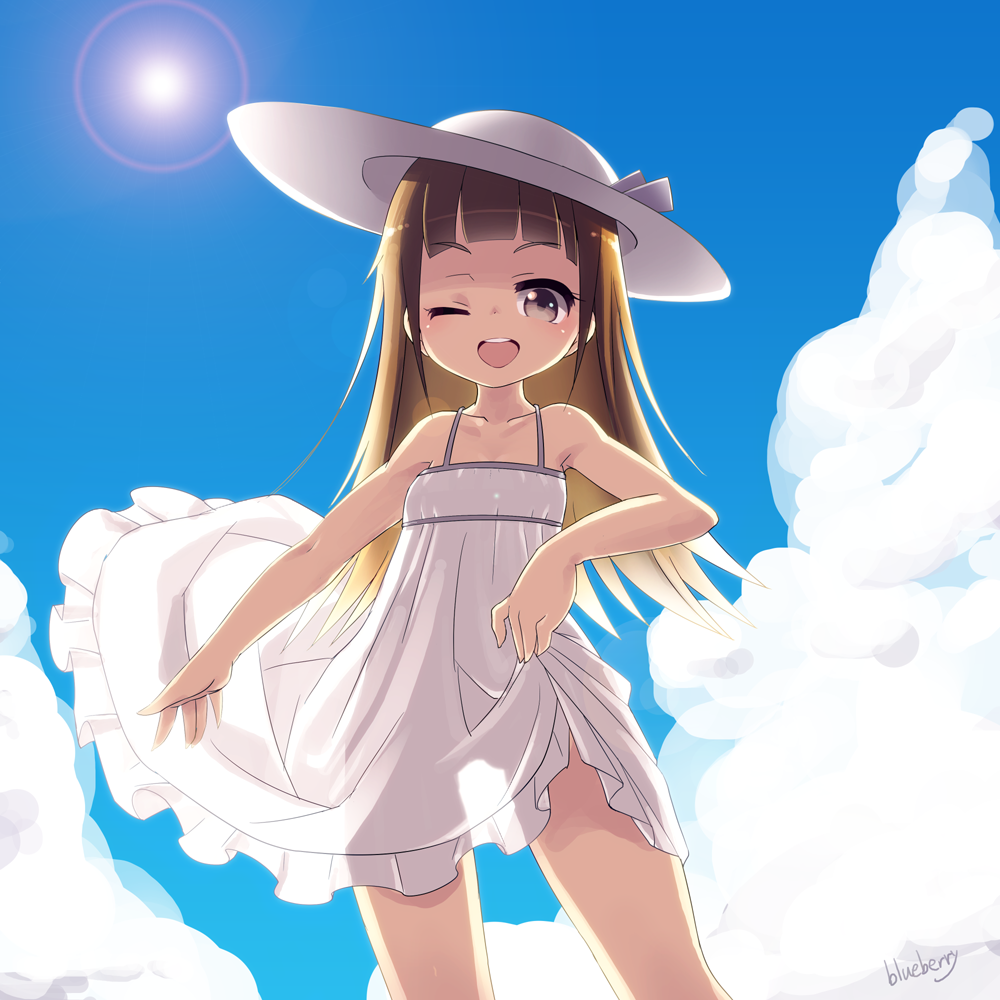 ;d artist_name blonde_hair blueberry_(5959) cloud day dress hat long_hair one_eye_closed open_mouth original see-through_silhouette sky smile solo sun sun_hat sundress