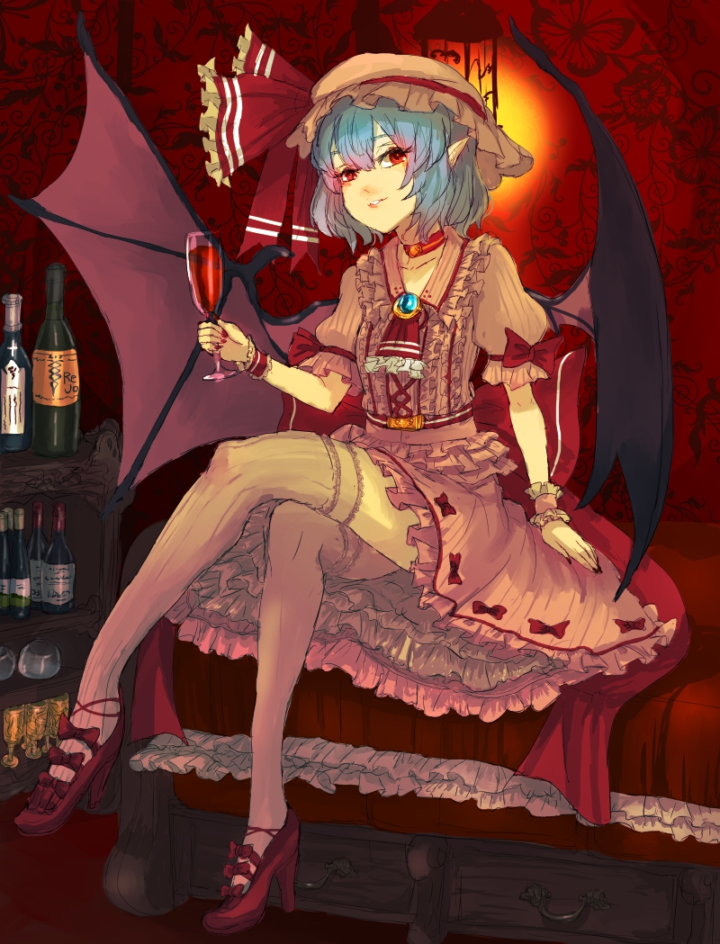 alcohol ascot bat_wings blue_hair bottle brooch choker collarbone couch crossed_legs cup dress drinking_glass high_heels jewelry looking_at_viewer panzer petticoat pink_dress pink_legwear pointy_ears puffy_sleeves red_eyes red_string remilia_scarlet shelf shoes short_sleeves sitting smile solo string thighhighs touhou wine wine_bottle wine_glass wings wrist_cuffs zettai_ryouiki