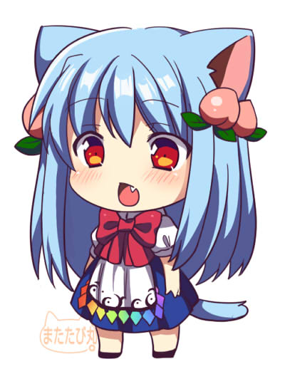 animal_ears bad_id bad_pixiv_id blue_hair blush bow cat_ears cat_tail chestnut_mouth chibi fang food fruit hair_ornament hinanawi_tenshi kemonomimi_mode long_hair matatabi_maru no_hat no_headwear open_mouth peach puffy_sleeves red_eyes shirt short_sleeves simple_background skirt solo tail touhou white_background