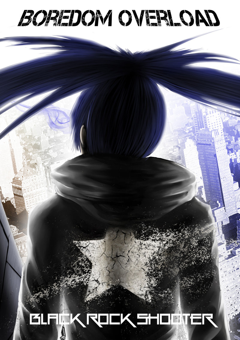 black_hair black_rock_shooter black_rock_shooter_(character) burning_eye character_name cityscape ex-trident from_behind hood hooded_jacket jacket long_hair solo star twintails