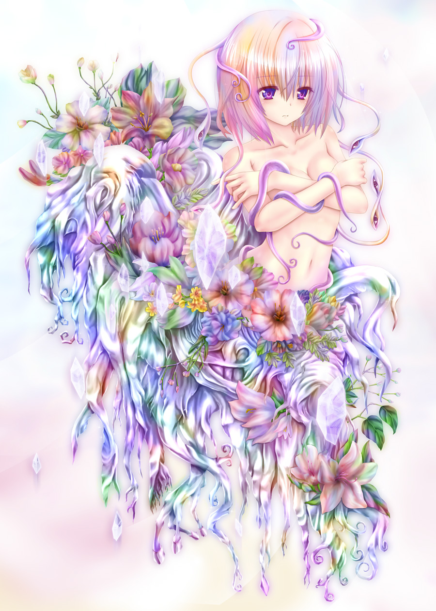 alien aoi_kanan brown_hair colorful colour_out_of_space covering covering_breasts crystal cthulhu_mythos extra_eyes flower gradient_hair highres leaf monster multicolored_hair personification plant purple_eyes purple_hair solo tentacles the_colour_out_of_space topless vines