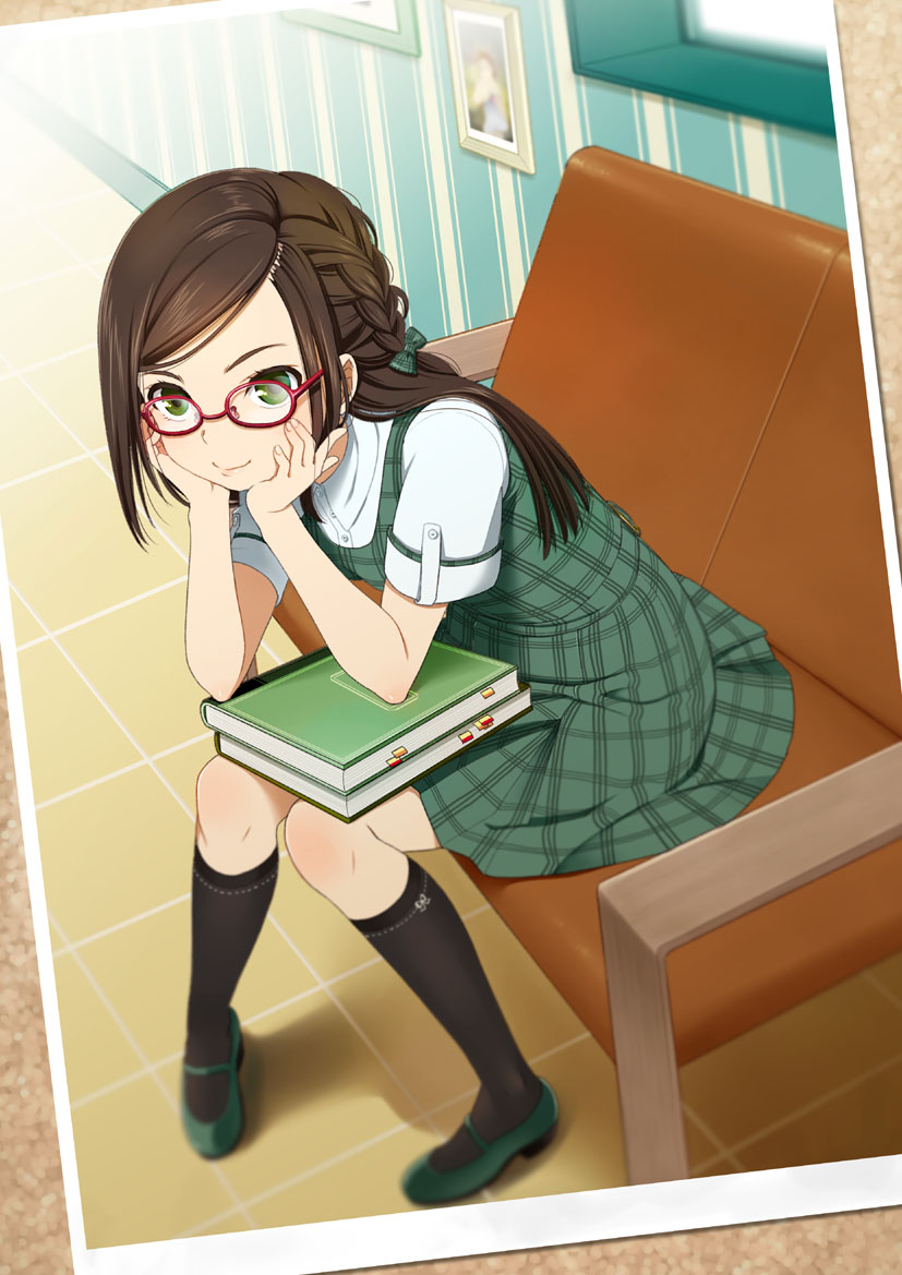 black_legwear blush book brown_hair chin_rest glasses green_eyes hands_on_own_cheeks hands_on_own_face kneehighs long_hair mary_janes mattaku_mousuke original photo_(object) plaid school_uniform shoes sitting smile solo tile_floor tiles